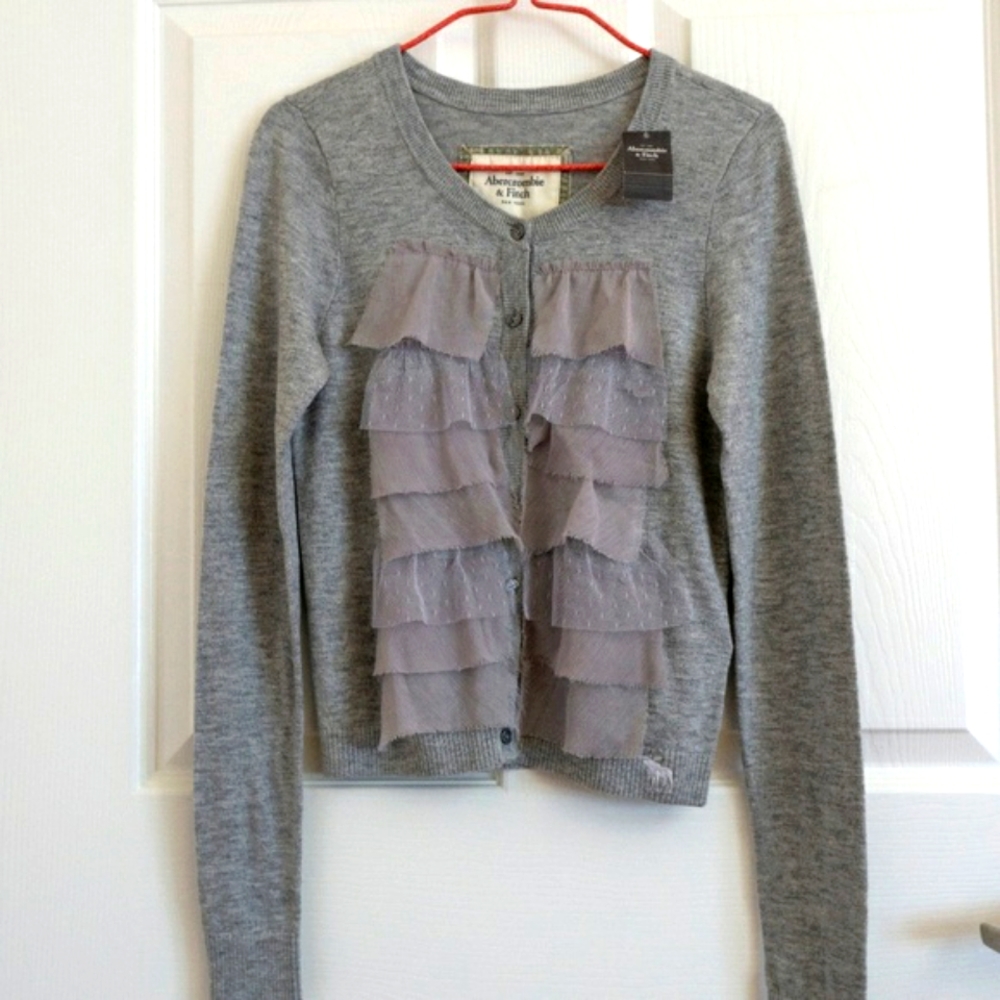 A&F Ruffle Front Heather Grey Cardigan Sweater, Small